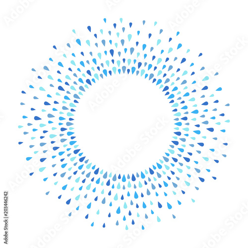Water drops frame, border with empty space for text. Radial frame made of raindrops, droplets, tears. Circle shape. Shades of blue abstract background.