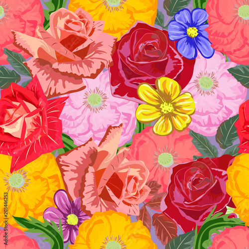 Seamless pattern with cute colorful garden flowers. Flower background for textile  cover  wallpaper  gift packaging  printing.Romantic design for calico  silk.