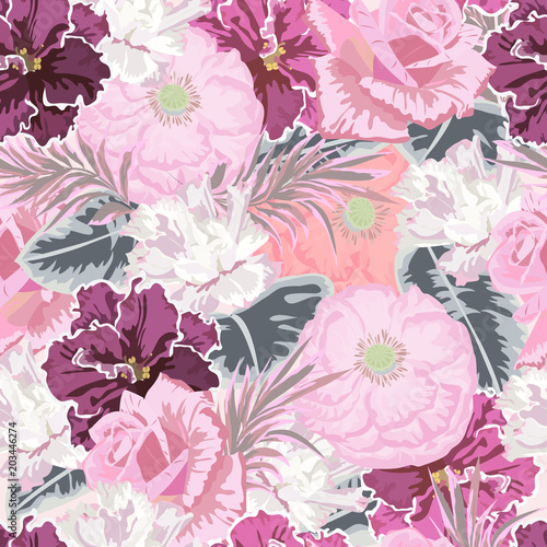 Seamless pattern with cute garden flowers. Flower background for textile, cover, wallpaper, gift packaging, printing.Romantic design for calico, silk. Pastel color.