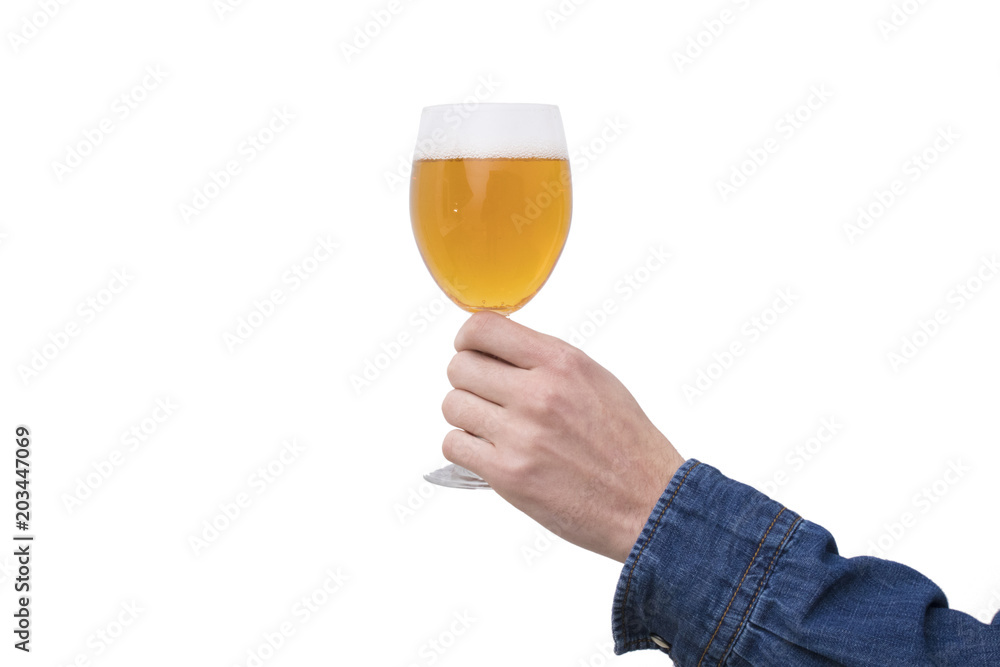 hand with beer glass insulated in white hand with beer glass insulated in white