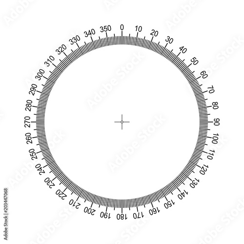 Measuring circle scale. Measuring round scale, Level indicator, measurement acceleration, circular meter for household appliances, division from 0 to 350. Graduation 360 degrees Vector AI10
