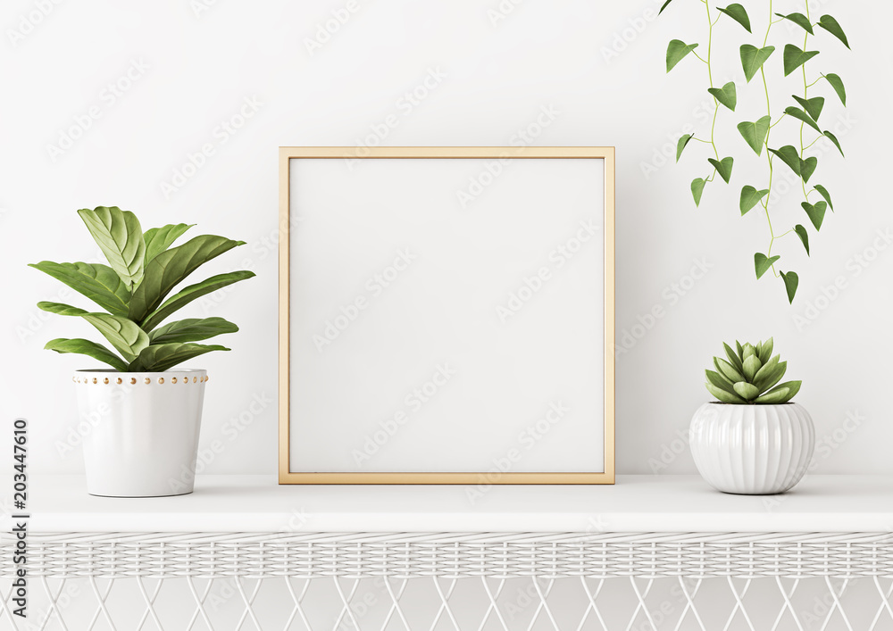 Home interior poster mock up with square metal frame and plants in pots on white wall background. 3D rendering. Home interior poster mock up with square metal frame and plants in pots on white wall background. 3D rendering.