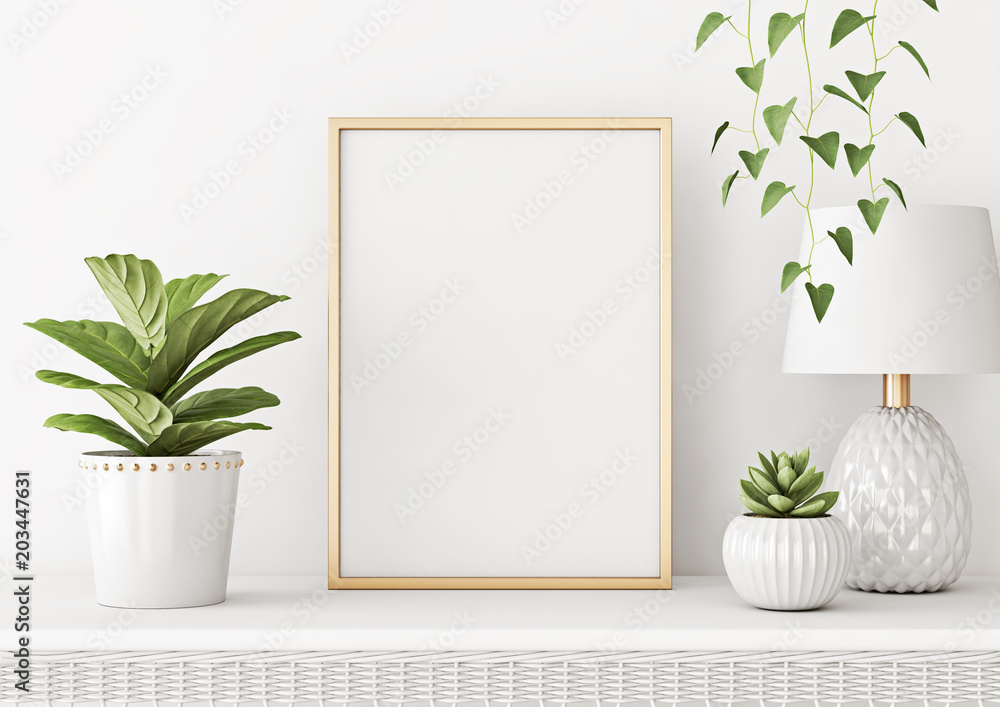 Fototapeta Wnętrze domu plakat makieta z pionowej metalowej ramie, rośliny w doniczkach i lampa na tle białej ściany. Renderowanie 3D.