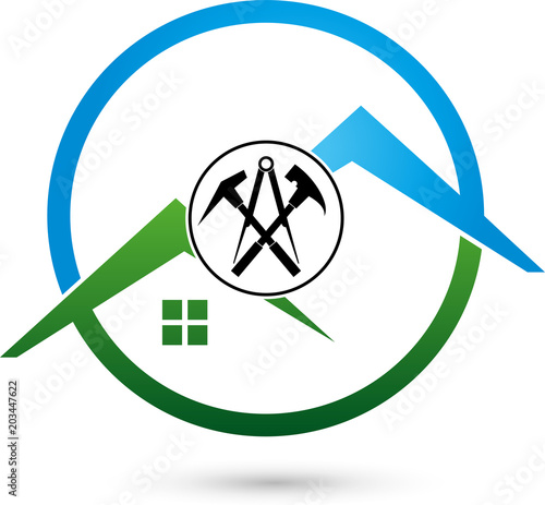 Dächer und Werkzeuge, Zeichen, Dachdecker, Logo