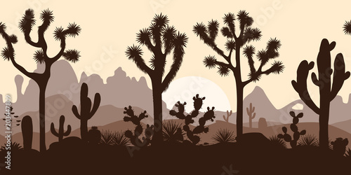 Photos Desert seamless pattern with joshua trees, opuntia, and saguaro