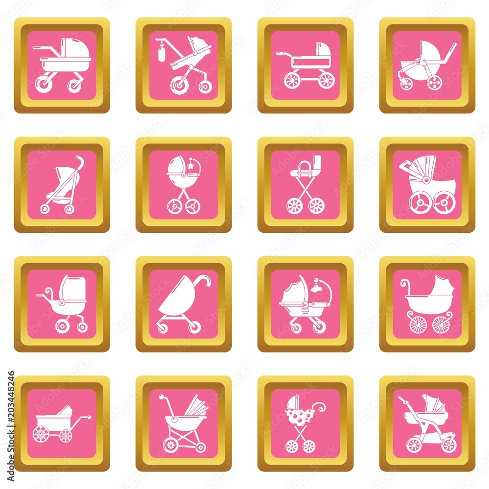 Baby carriage icons set vector pink square isolated on white background Baby carriage icons set vector pink square isolated on white background
