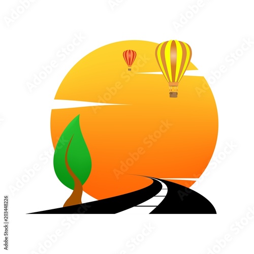 Summer landscape icon with orange sunset, with green deciduous tree on hill and flying color hot air balloons with hanging wicker basket and black road. Holiday greeting for a romantic trip.