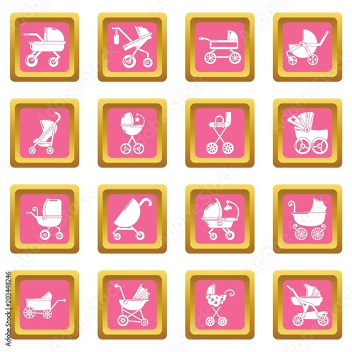 Baby carriage icons set vector pink square isolated on white background 