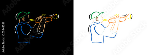 Jazz musician illustration in line art style on black background and white background. Jazzman color vector line art illustration.