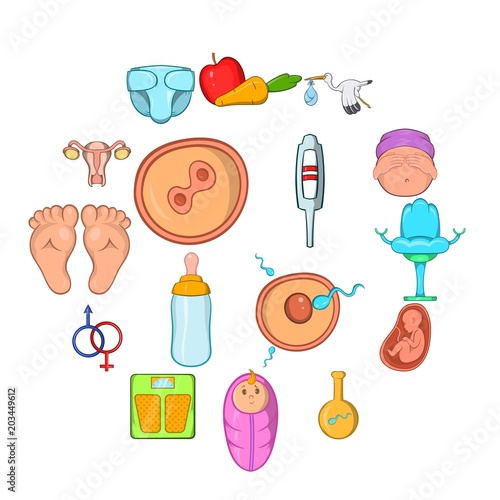 New born baby icons set in cartoon style isolated on white background