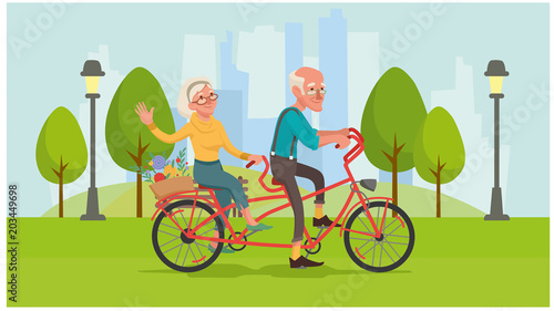grandma and grandpa are riding a bike