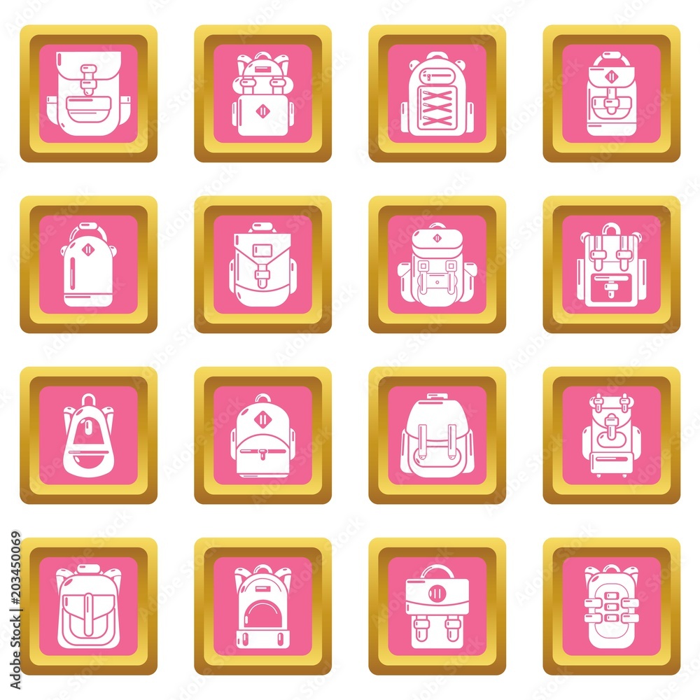 Backpack icons set vector pink square isolated on white background Backpack icons set vector pink square isolated on white background
