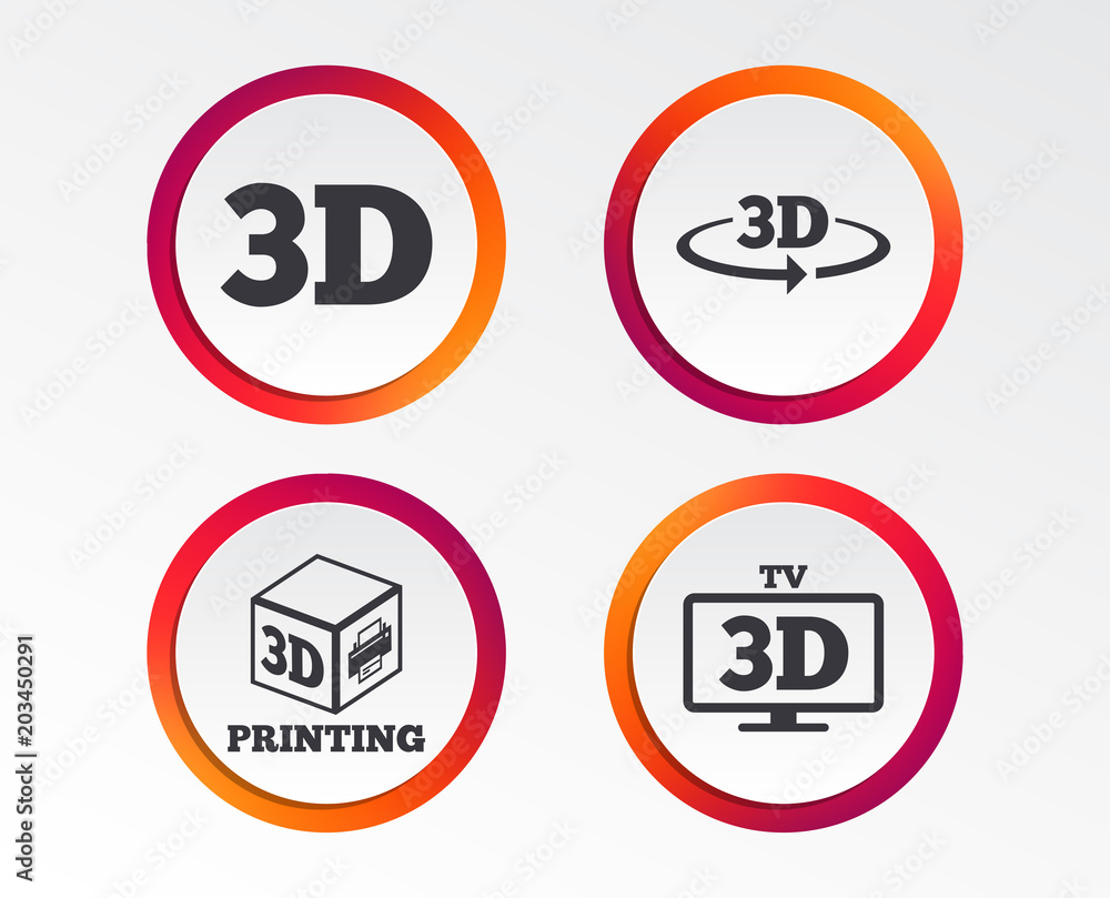 3d technology icons. Printer, rotation arrow sign symbols. Print cube. Infographic design buttons. Circle templates. Vector 3d technology icons. Printer, rotation arrow sign symbols. Print cube. Infographic design buttons. Circle templates. Vector