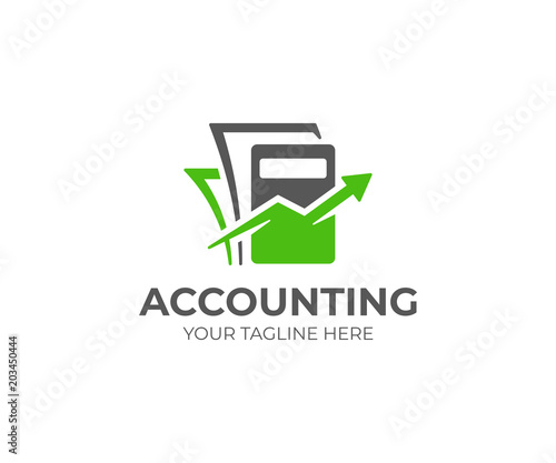 Bookkeeping logo template. Accounting vector design. Calculator with arrow and documents logotype