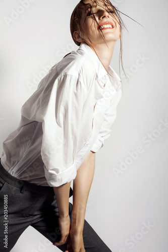 happy caucasian girl posing for fashion editorial