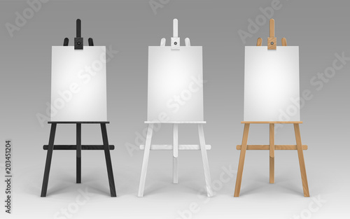 Vector Set of Wooden Brown Black White Sienna Easels with Mock Up Empty Blank Vertical Canvases Isolated on Background