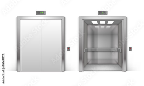 Vector Realistic Open and Closed Chrome Metal Office Building Elevator Doors Isolated on Background
