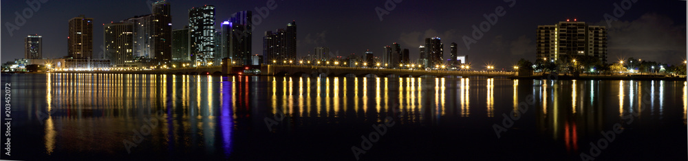 panoramic,night, Venetian Causeway, Miami Florida, U.S.A.