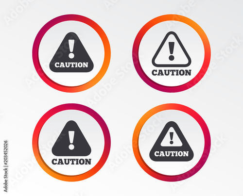 Attention caution icons. Hazard warning symbols. Exclamation sign. Infographic design buttons. Circle templates. Vector