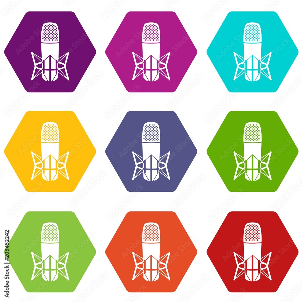 Studio microphone icons 9 set coloful isolated on white for web Studio microphone icons 9 set coloful isolated on white for web