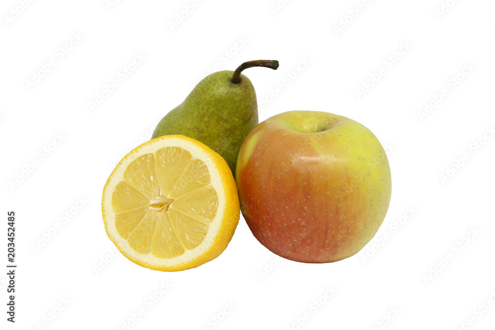 Exotic tropical fruit set lemon pear apple Exotic tropical fruit set lemon pear apple