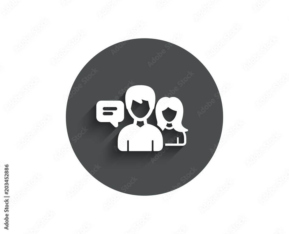 People talking simple icon. Conversation sign. Communication speech bubbles symbol. Circle flat button with shadow. Vector People talking simple icon. Conversation sign. Communication speech bubbles symbol. Circle flat button with shadow. Vector