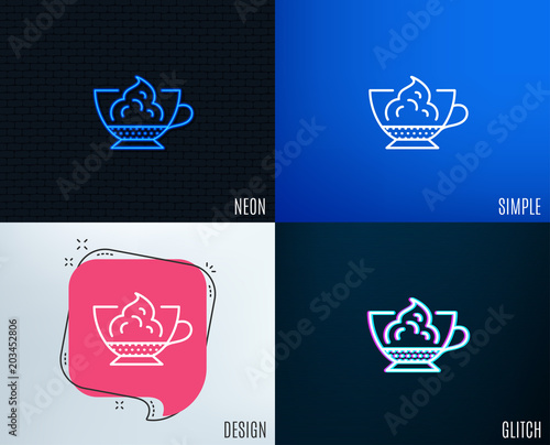 Glitch, Neon effect. Espresso with whipped cream icon. Hot coffee drink sign. Beverage symbol. Trendy flat geometric designs. Vector