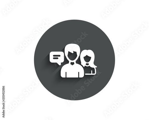 People talking simple icon. Conversation sign. Communication speech bubbles symbol. Circle flat button with shadow. Vector