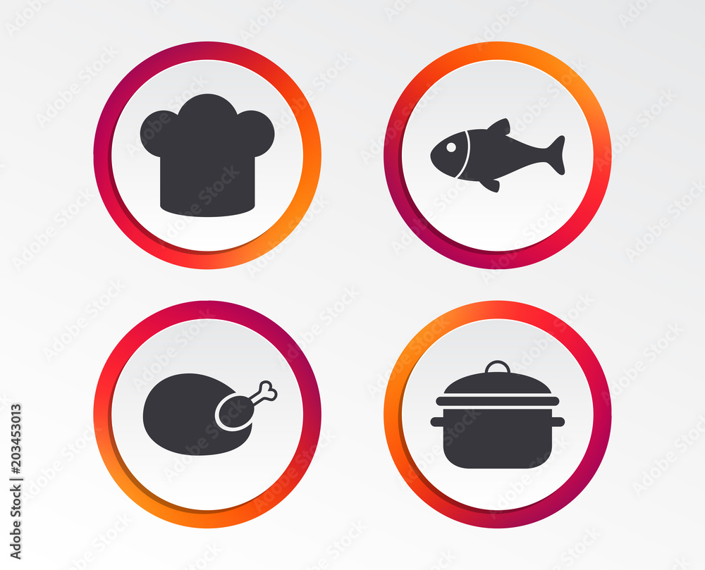 Chief hat and cooking pan icons. Fish and chicken signs. Boil or stew food symbol. Infographic design buttons. Circle templates. Vector