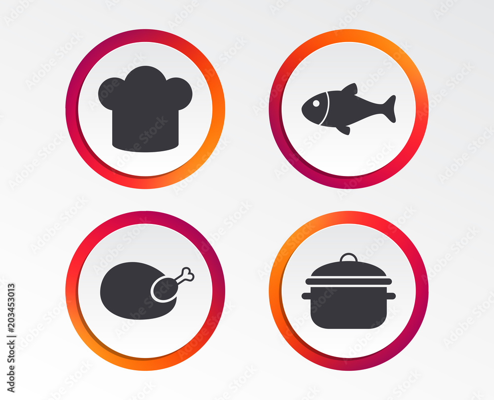 Chief hat and cooking pan icons. Fish and chicken signs. Boil or stew food symbol. Infographic design buttons. Circle templates. Vector Chief hat and cooking pan icons. Fish and chicken signs. Boil or stew food symbol. Infographic design buttons. Circle templates. Vector