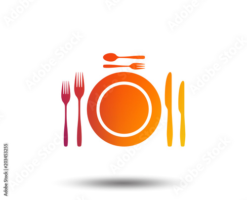 Plate dish with forks and knifes. Dessert trident fork with teaspoon. Eat sign icon. Cutlery etiquette rules symbol. Blurred gradient design element. Vivid graphic flat icon. Vector