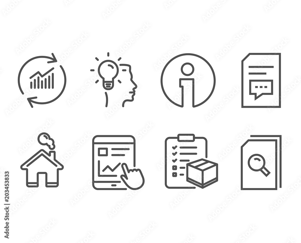 Set of Internet report, Idea and Parcel checklist icons. Comments, Update data and Search files signs. Web tutorial, Professional job, Logistics check. Vector