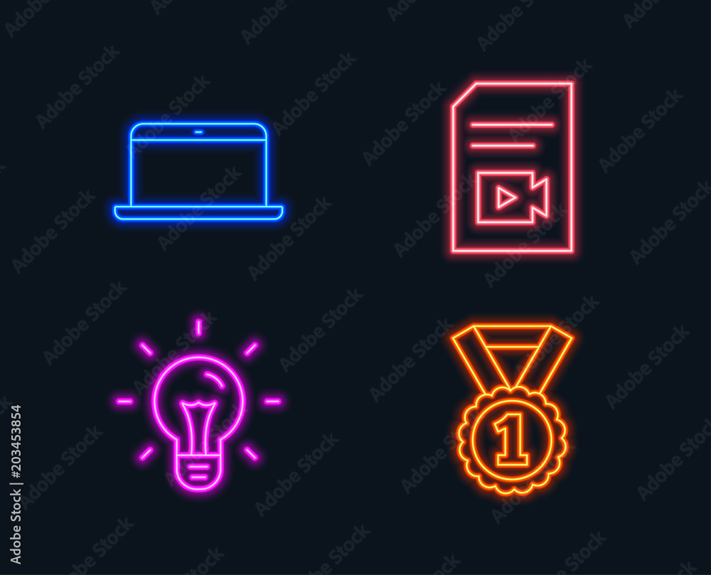 Neon lights. Set of Idea, Laptop and Video file icons. Best rank sign. Light bulb, Mobile computer, Vlog page. Success medal. Glowing graphic designs. Vector Neon lights. Set of Idea, Laptop and Video file icons. Best rank sign. Light bulb, Mobile computer, Vlog page. Success medal. Glowing graphic designs. Vector