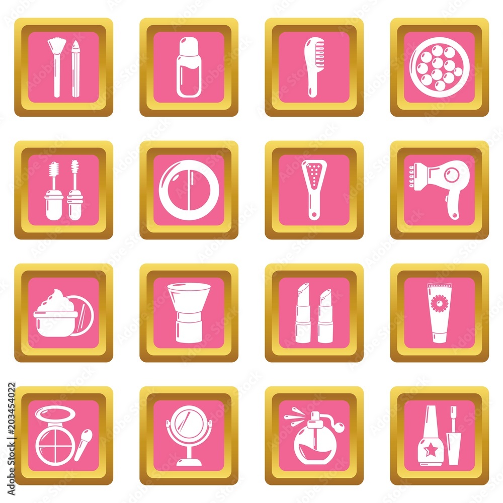 Cosmetics icons set vector pink square isolated on white background Cosmetics icons set vector pink square isolated on white background
