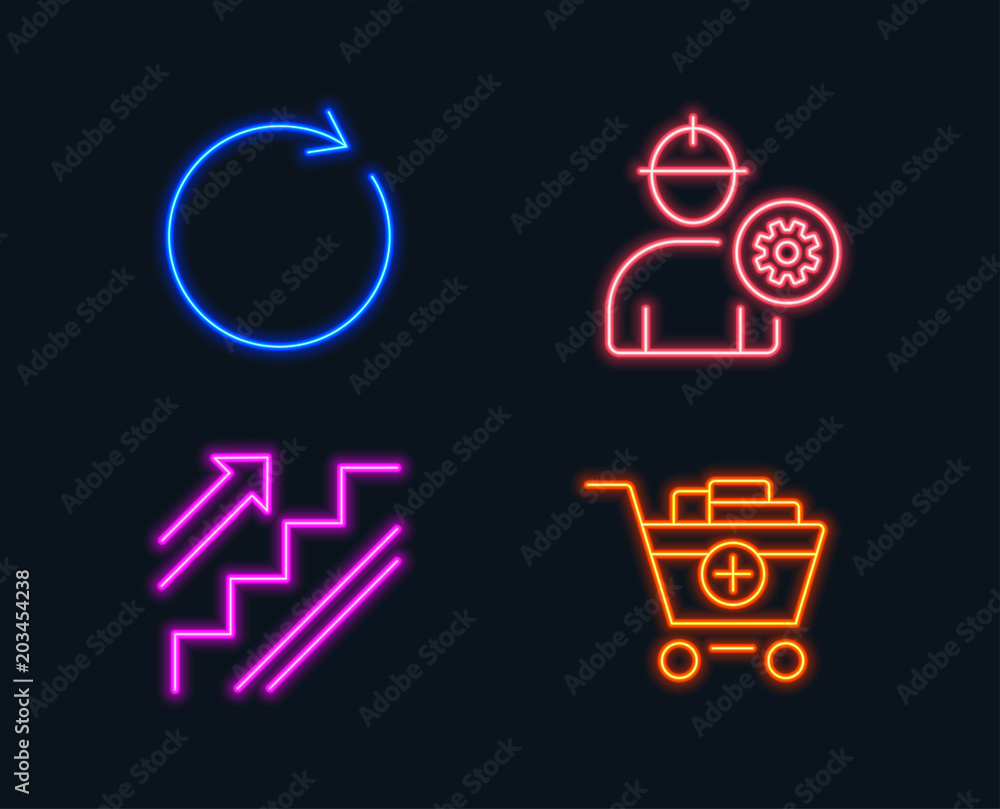 Neon lights. Set of Synchronize, Engineer and Stairs icons. Add products sign. Refresh or update, Worker with cogwheel, Stairway. Shopping cart.  Glowing graphic designs. Vector