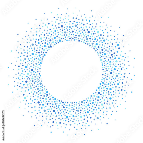 Round dots frame with empty space for your text. Circle shape. Radial frame, border made of blue uneven spots, blobs, drops, specks, flecks of various size. Shades of blue abstract background.