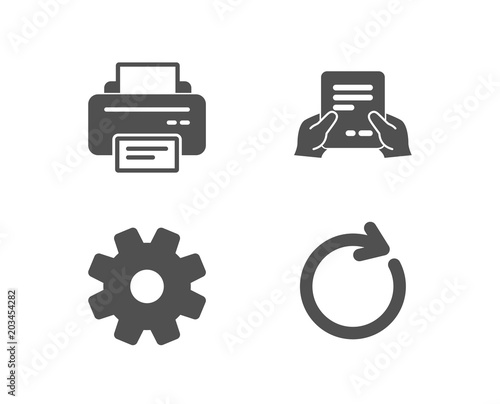 Set of Printer, Service and Receive file icons. Synchronize sign. Printing device, Cogwheel gear, Hold document. Refresh or update.  Quality design elements. Classic style. Vector