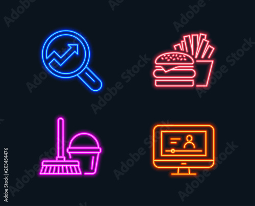 Neon lights. Set of Bucket with mop, Burger and Analytics icons. Online video sign. Cleaner equipment, Cheeseburger, Audit analysis. Video exam.  Glowing graphic designs. Vector