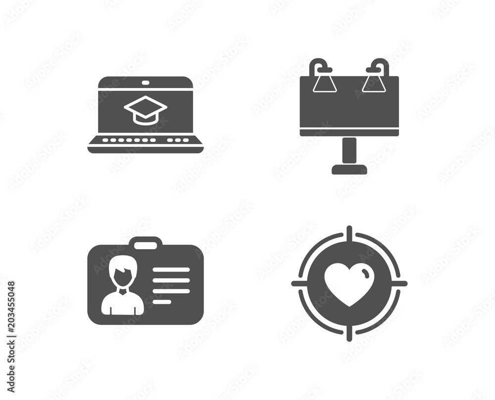 Set of Identification card, Website education and Road banner icons. Valentine target sign. Person document, Video learning, Advertisement. Heart in aim. Quality design elements. Classic style Set of Identification card, Website education and Road banner icons. Valentine target sign. Person document, Video learning, Advertisement. Heart in aim. Quality design elements. Classic style