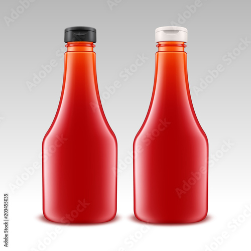 Vector Set of Blank Glass Plastic Red Tomato Ketchup Bottle for Branding without label Isolated on White Background