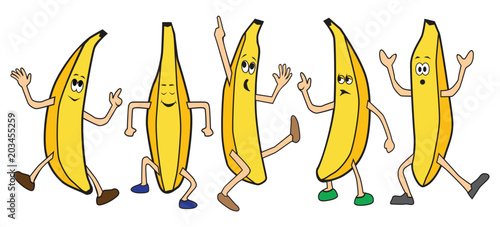 Five cartoon bananas are dancing the night away