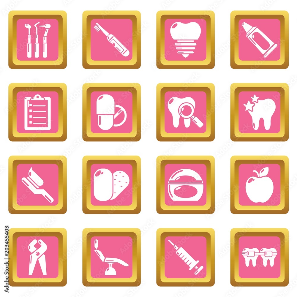Stomatology dental icons set vector pink square isolated on white background Stomatology dental icons set vector pink square isolated on white background