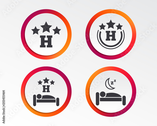 Three stars hotel icons. Travel rest place symbols. Human sleep in bed sign. Infographic design buttons. Circle templates. Vector
