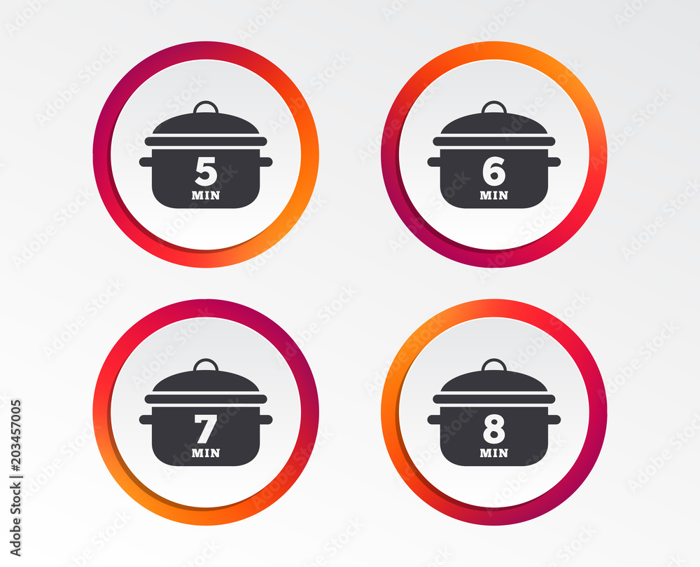 Cooking pan icons. Boil 5, 6, 7 and 8 minutes signs. Stew food symbol. Infographic design buttons. Circle templates. Vector Cooking pan icons. Boil 5, 6, 7 and 8 minutes signs. Stew food symbol. Infographic design buttons. Circle templates. Vector