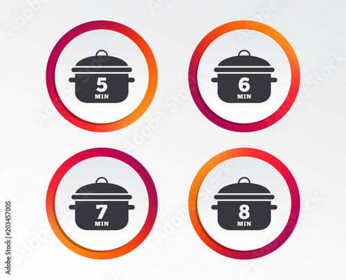 Cooking pan icons. Boil 5, 6, 7 and 8 minutes signs. Stew food symbol. Infographic design buttons. Circle templates. Vector