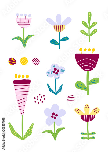 Set of cutout florals, summer time abstract pretty colorful flowers 