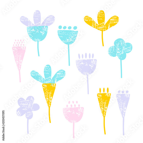 Set of cutout florals in grunge style, abstract pretty colorful flowers