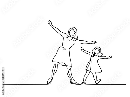Continuous line drawing. Family with mother and girl in fly. Vector illustration