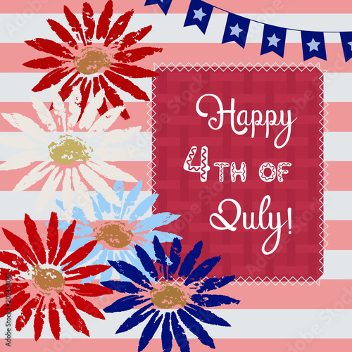 Happy American holiday poster. Colors of USA flag. Colorful flowers. Design idea on July 4th greeting card, party celebration background. Independence Day sale decorative banner. Vector illustration