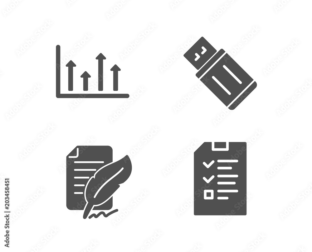 Set of Upper arrows, Feather signature and Usb flash icons. Interview sign. Growth infochart, Feedback, Memory stick. Checklist file. Quality design elements. Classic style. Vector Set of Upper arrows, Feather signature and Usb flash icons. Interview sign. Growth infochart, Feedback, Memory stick. Checklist file. Quality design elements. Classic style. Vector